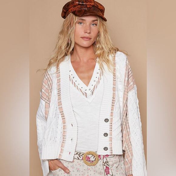 412. POL Women's Cream Pink Plaid Open Cardigan NEW - Picture 6 of 10